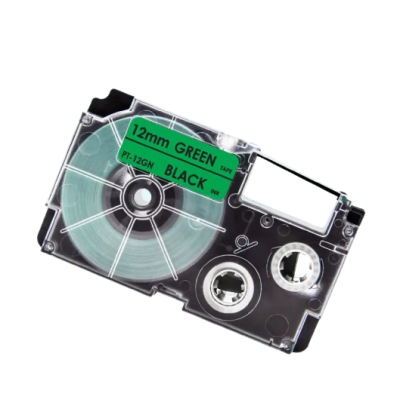 Casio XR-12GN kompatible Etikettenband, Schwarz auf grün, 12mm x 8m