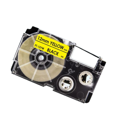Casio XR-12YW kompatible Etikettenband, Schwarz auf gelb, 12mm x 8m